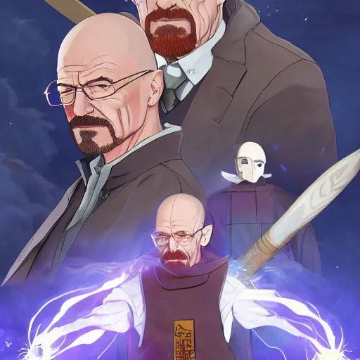 Image similar to portrait of walter white wielding the five elements of magecraft, fire earth water wind void, anime fantasy illustration by tomoyuki yamasaki, kyoto studio, madhouse, ufotable, trending on artstation