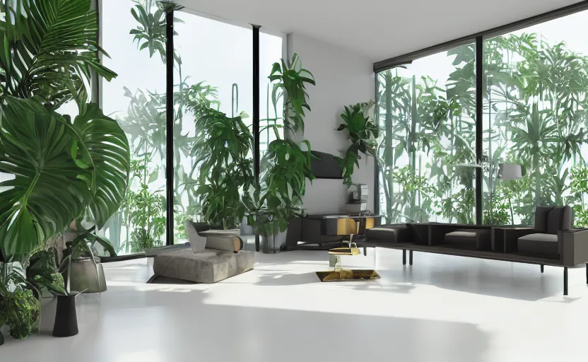 Prompt: empty room brutalist interior, big tv screen in the middle, tropical indoor plants, open shiny floor, v - ray render, high contras