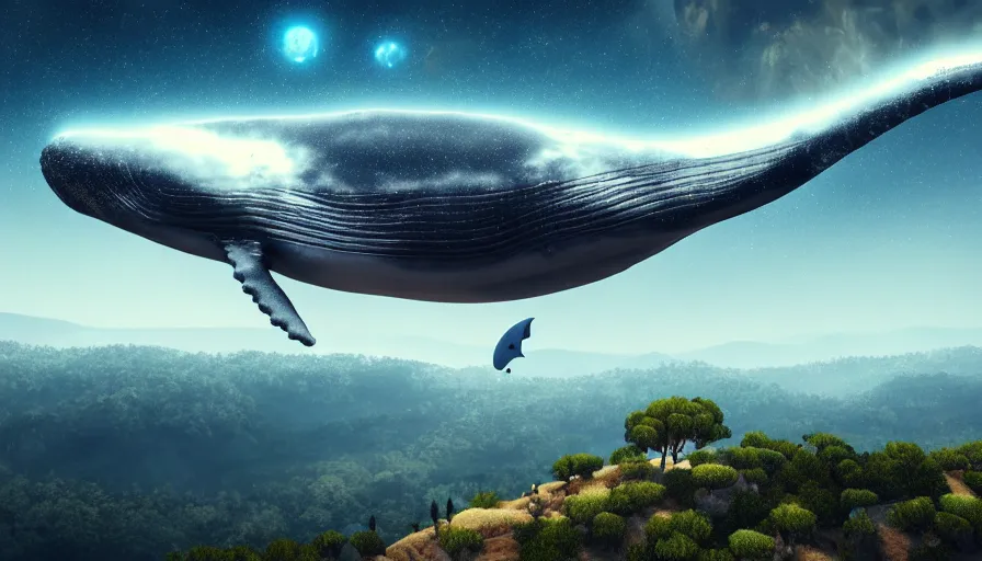 Image similar to highly detailed cinematic scifi render of a flying whale over the tuscany skies, cypresses and hills, stars and planets, hyper detailed, digital art, led lighting, studio quality, smooth render, unreal engine 5, octane render, trending on artstaion.