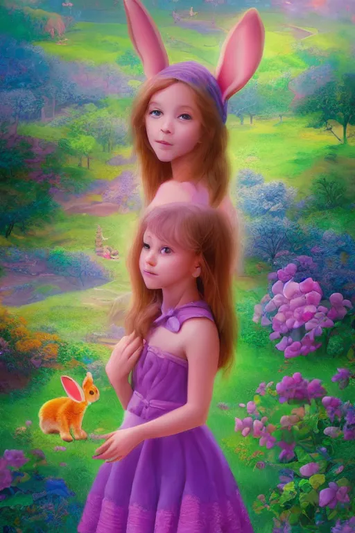 Image similar to matte sharp painting cute little girl and rabbit landscape painted by mark rydel artstation behance storybook lisa frank