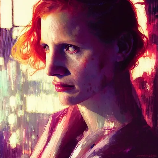 Image similar to jessica chastain, hyperrealistic portrait, bladerunner street, art of elysium by jeremy mann and alphonse mucha, fantasy art, photo realistic, dynamic lighting, artstation, poster, volumetric lighting, very detailed face, 4 k, award winning