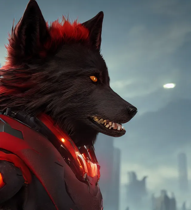 Image similar to portrait of a anthropomorphic black male wolf with red hair in star citizen, hyper detailed, digital art, trending in artstation, cinematic lighting, studio quality, smooth render, unreal engine 5 rendered, octane rendered, art style by pixar dreamworks warner bros disney riot games and overwatch.