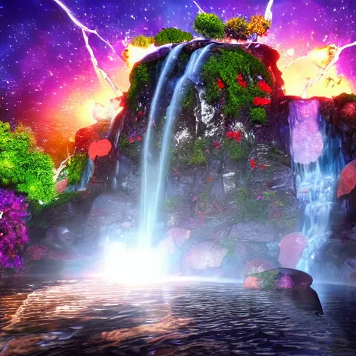 Image similar to the universe is a waterfall spilling onto the rocks of forgiveness in a million bright colors of swirling love, unreal engine, dramatic lighting, cinematic