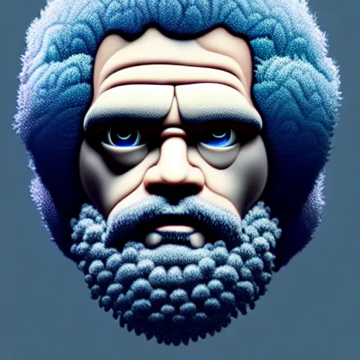Image similar to bob ross chia pet with extremely large and intricate eye cyberpunk bionics with angry blue eyes and slim features looking askance, eye cyberpunk bionics, retro futurist style, intricate, elegant gleaming intricate baroque jewelry, angelic halo, highly detailed, digital painting, artstation, concept art, smooth, sharp focus, illustration, art by wlop, ravelo and rutkowski