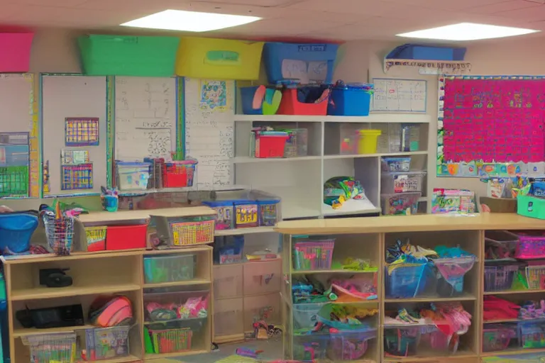 Prompt: third grade classroom, entire room is filled with organizational bins from floor to ceiling