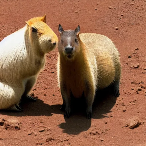 Image similar to a capybara in mars talking to a man