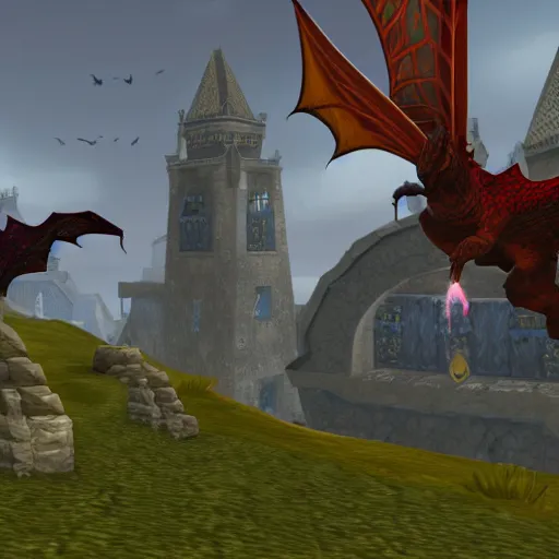 Image similar to a screenshot from runescape with two magical dragons perched on top of lumbridge