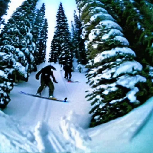 Image similar to GoPro footage of Bigfoot skiing in rad 1990s gear