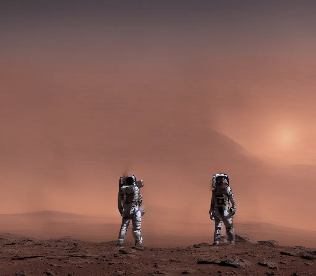 Prompt: Detailed photo of an astronaut seen from behind, he is standing on top of mount Venus on Mars, he is watching the Starship Super Heavy landing at the background, the Starship is landing at the base on the first martian colony, the sunset has just come with the characteristic cold color tone from Mars, the photo was taken by John Kraus, photorealistic, matte painting, hyper realistic, concept art, 4k, 8k, cinematic composition, cgsociety, HD, highly detailed, octane render, unreal engine 5, trending on artstation, shaders