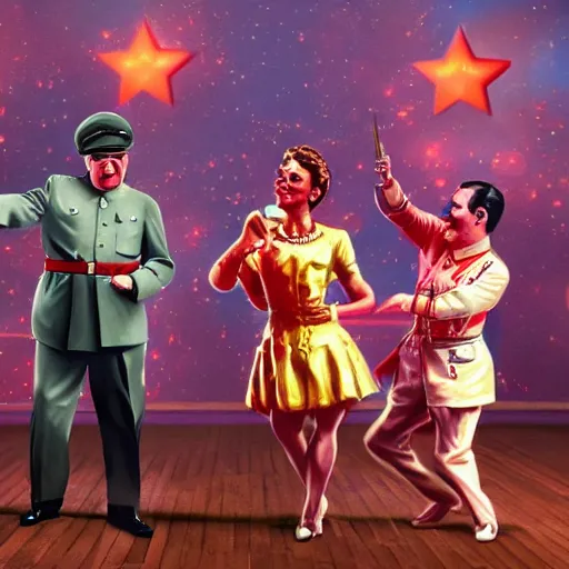 Image similar to Stalin, Churchill and Franklin Roosevelt dancing with the stars, colorized, fantasy painting,hyperrealistic, highly detailed, depth of field, High definition, 8k, octane render, artstation