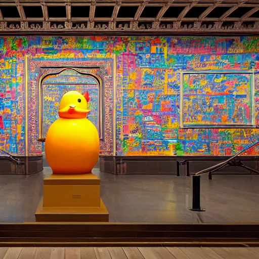 Image similar to wide shot, one photorealistic rubber duck in foreground on a pedestal in an cavernous museum gallery, metropolitan museum of art, the walls are covered with colorful geometric wall paintings in the style of sol lewitt, tall arched stone doorways, through the doorways are more wall paintings in the style of sol lewitt.