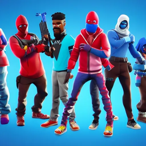 Prompt: a battle between the crips and bloods in fortnite