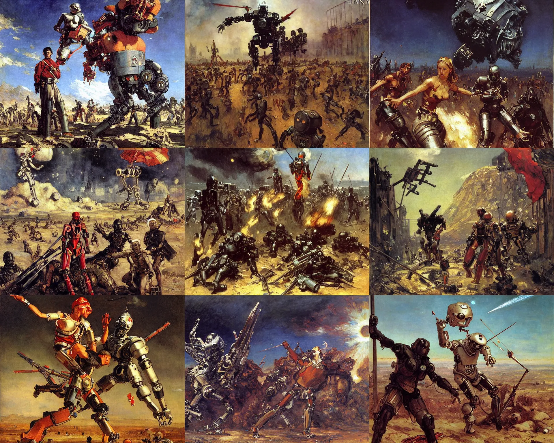 Prompt: Humans vs robots during the singularity, year 2050, by Eugène Delacroix, Michael Whelan, Howard Pyle, vasily surikov