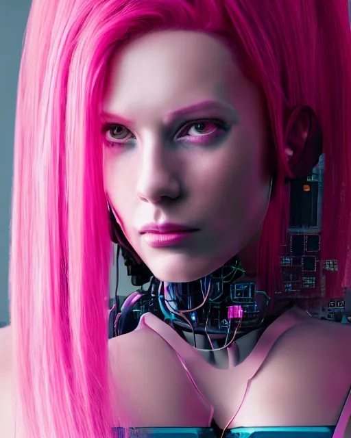 Image similar to portrait of a beautiful american woman with pink hair as a cyberpunk cyborg half robot, revealing wires and electronics, sci - fi, missing panels, intricate abstract upper body intricate artwork, concept art, octane render, deviantart, cinematic, key art, hyperrealism, iridescent accents, portrait photograph, nikon 3 5 mm, photograph by greg rutkowski