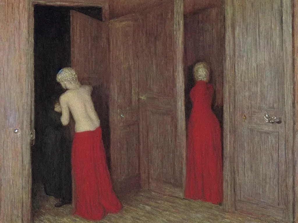 Prompt: this girl was struggling with the doors in a haunted house so the ghost came to the rescue. painting by henri moret, enjolras delphin