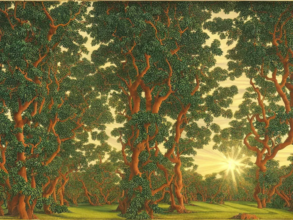 Prompt: a wide angle view of the trunks of rose trees, with sun rays filtered through the canopy. by evelyn de morgan.