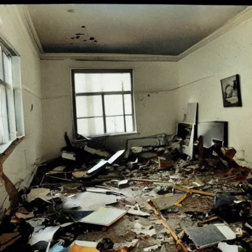 Image similar to The computer art shows a scene of total destruction. A room has been completely wrecked, with furniture overturned, belongings strewn about, and debris everywhere. The only thing left intact is a single photograph on the wall. This photograph is the only evidence of what the room once looked like. It shows a tidy, well-appointed space, with everything in its place. The contrast between the two images is stark, and it is clear that the destruction was complete and absolute. Doom engine, doge by Isaac Levitan, by Guy Billout, by Siya Oum monumental