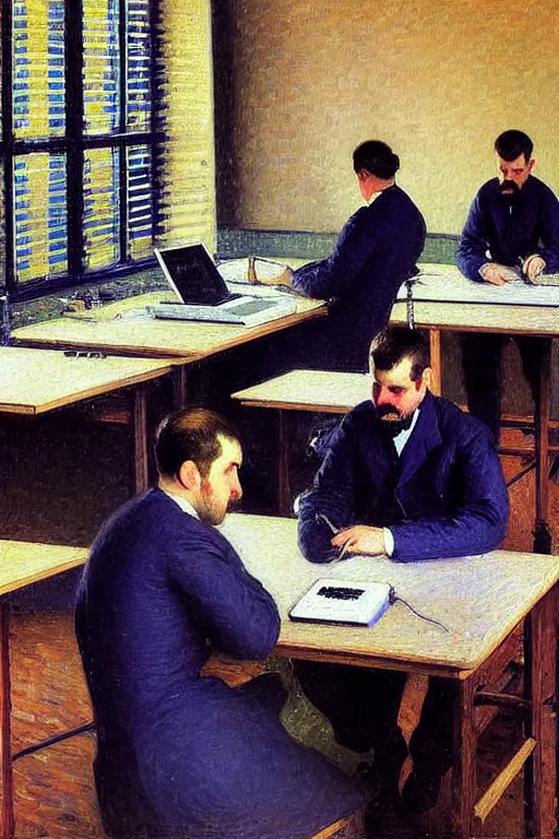 Image similar to oil painting highly detailed computer workers in office painted by gustave caillebotte, impressionism