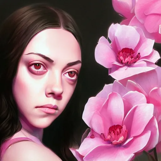 Image similar to pink petals with a a bored aubrey plaza and christina ricci mixed with mona lisa, intricate, elegant, highly detailed, wonderful eyes, sweet, digital painting, artstation, concept art, smooth, sharp focus, illustration, art by artgerm and greg rutkowski and concept art, rectilinear vaporwave