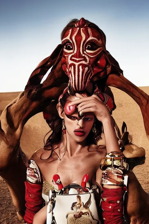 Image similar to dolce & gabbana campaign featuring jar jar binks as a female cowgirl, long eyeslashes, huge juicy lips, big seductive eyes, shot by mario testino, realistic vfx simulation