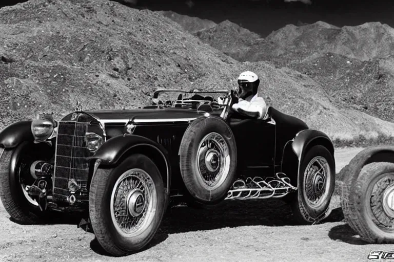 Image similar to mercedes benz 7 1 0 ssk trossi roadster 1 9 3 2, dakar rally footage, speed, bladerunner