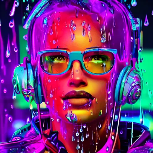 Image similar to splashes of neon, cartoon portrait made out of rain, trending on artstation, epic composition, emotional, beautiful, rendered in octane, unreal engine, highly detailed, realistic, galaxy background