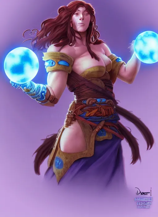 Prompt: lunatic fantasy barbarian with a canine face holding a glowing blue orb natural lighting, path traced, highly detailed, high quality, digital painting, by don bluth and ross tran and studio ghibli and alphonse mucha, artgerm