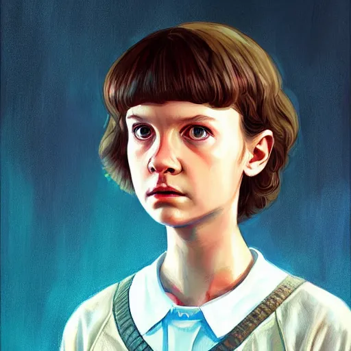 Prompt: a portrait of Eleven from Stranger things by WLOP!!!!!, character , female-focus, painting!!,scene