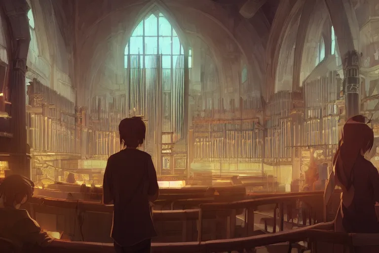 Image similar to hermeneutic pipe organ, single subject, scenic full shot, ambient lighting, detailed face, by makoto shinkai, stanley artgerm lau, wlop, rossdraws