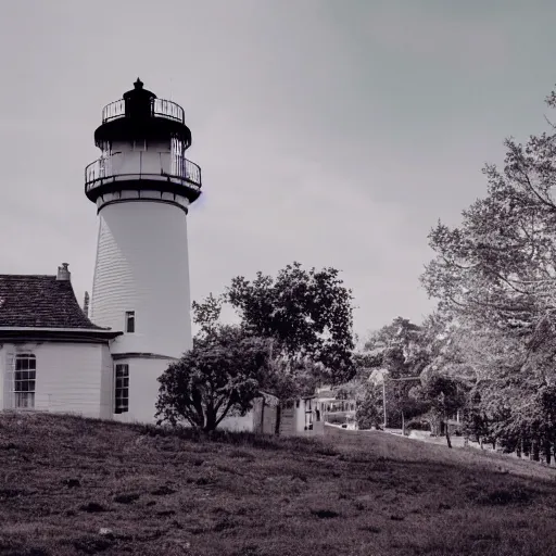 Image similar to photograph of a moss covered light house in the middle of a city on hills