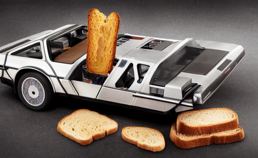 Image similar to a time-traveling delorean styled toaster with toast, bread inserted into slot, professional product shot, magazine ad