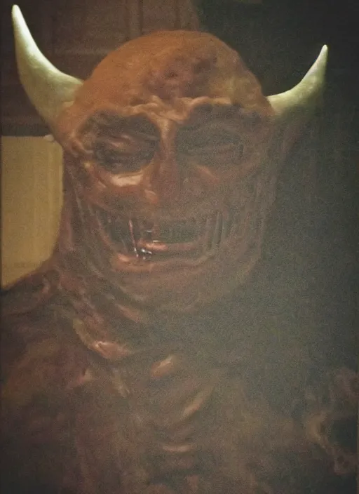 Image similar to highly realistic demon smiling perversely, low light photo, macabre