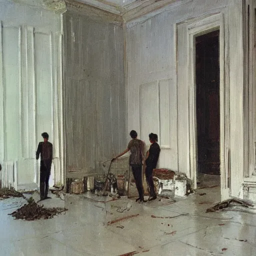 Image similar to an oil painting of people tidying a house by cy twombly