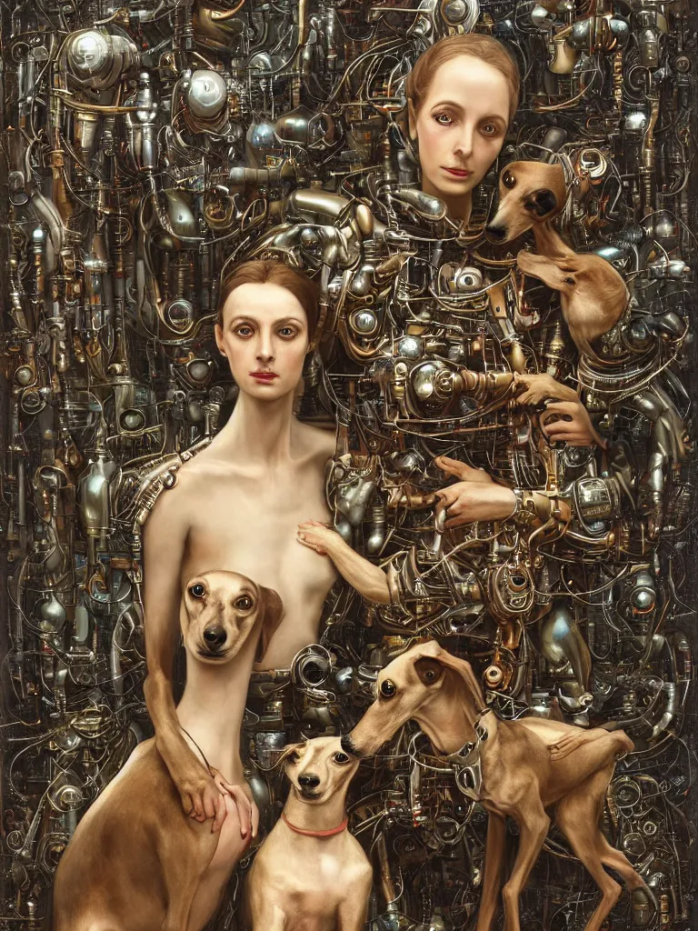 Image similar to portrait of a beautiful female android robot holding a whippet dog in her arms. Biopunk, steampunk, mecha, sighthounds, painting by James C. Christensen, by Tomasz Alen Kopera