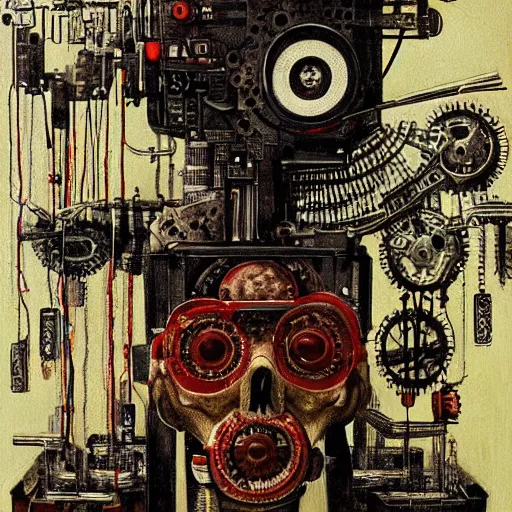 Prompt: i'm machine, i'm obsolete, in the land of the free, lobotomy. beautiful and detailed artistic painting by grislaw ludovek ( 1 9 7 5 ).