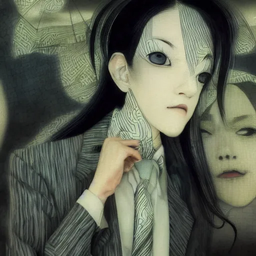 Image similar to yoshitaka amano blurred and dreamy realistic illustration of a woman with black eyes and white hair wearing dress suit with tie, junji ito abstract patterns in the background, satoshi kon anime, noisy film grain effect, highly detailed, renaissance oil painting, weird portrait angle, blurred lost edges, three quarter view