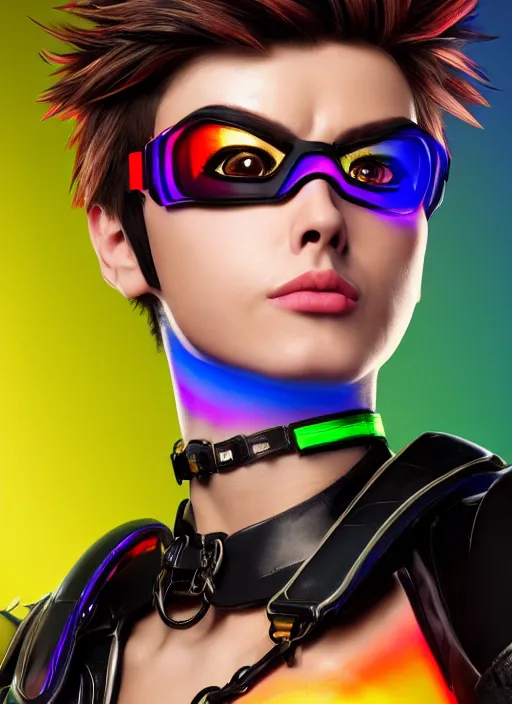 Image similar to hyperrealistic style portrait of tracer overwatch, confident pose, wearing black iridescent rainbow latex, rainbow, neon, 4 k, expressive happy smug expression, makeup, in style of mark arian, wearing detailed black leather collar, wearing sleek armor, black leather harness, expressive detailed face and eyes,