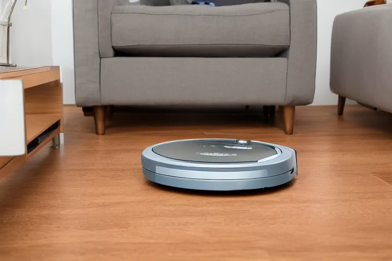 Image similar to a high detailed picture of a robot vacuum cleaner in a living room, 8k, very detailed, photo realistic