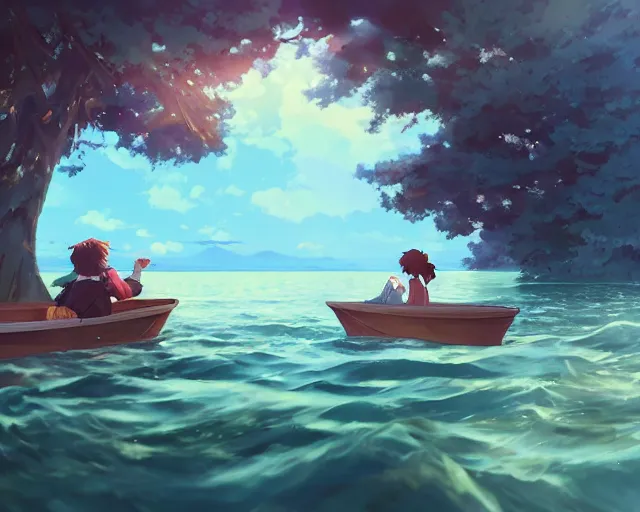 Prompt: one boy and one girl with long flowing auburn hair sitting together in a one single boat. Atmospheric lighting, long shot, romantic, boy and girl are the focus, trees, blue water. Anime. By Makoto Shinkai, Stanley Artgerm Lau, WLOP, Rossdraws, James Jean, Andrei Riabovitchev, Marc Simonetti, krenz cushart, Sakimichan, D&D trending on ArtStation, digital art.