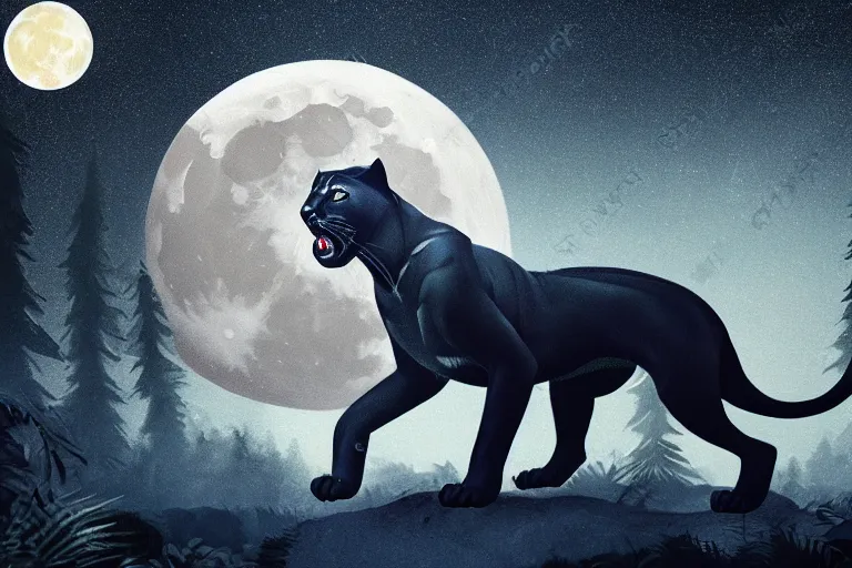 Image similar to a panther roaring in a forest during the night, large moon in the center. high quality render. illustration. 4 k. render. photoreal. highly detailed. artstation. realistic. dramatic. darkness. moon.