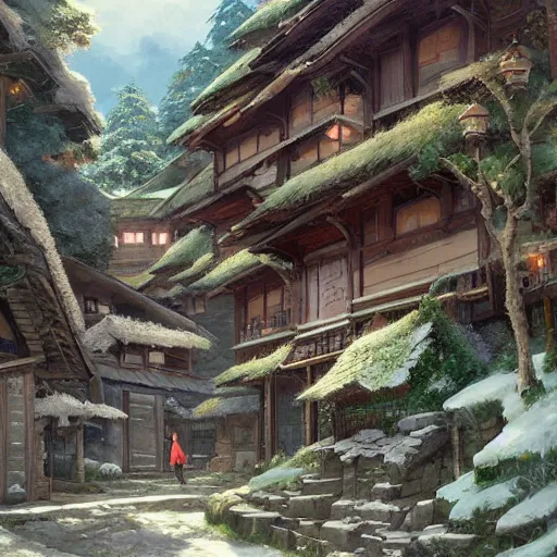 Image similar to concept art painting of a cozy village in a mountainous forested valley, historic european and japanese architecture, realistic, detailed, cel shaded, in the style of makoto shinkai and greg rutkowski and james gurney