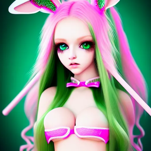 Image similar to ultrarealistic sweet bunny girl, intricate details, green eyes, 8K, long hair, fluffy, pink, lollipop, high octane