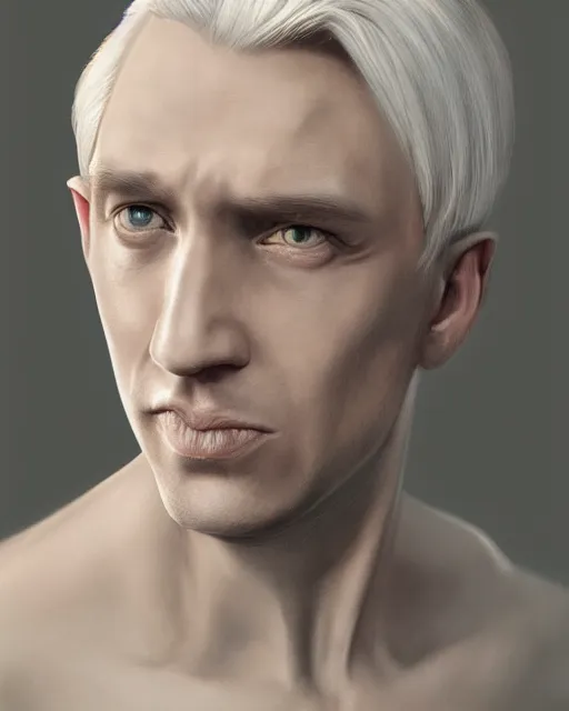 Prompt: portrait of 4 0 - year - old man with white hair with a pale complexion, pointed face and grey eyes, malfoy, clear smooth face, no beard, wearing all black clothes, haughty facial expression, hyper realistic face, beautiful eyes, character art, art by mark brooks, hyperdetailed, cryengine, trending on artstation, digital art