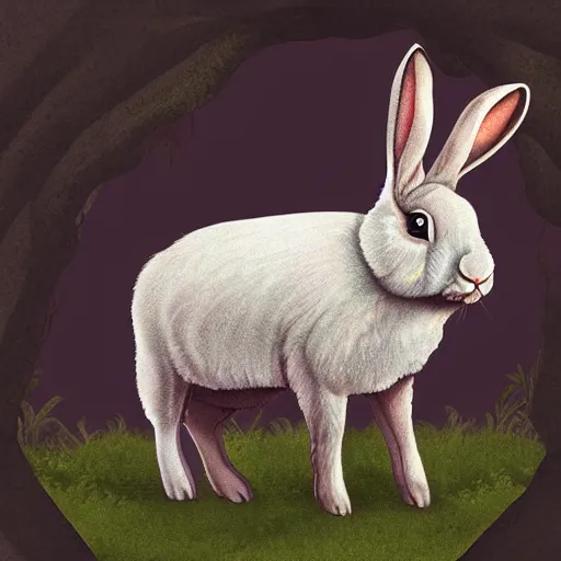 Prompt: Digital art of a rabbit mixed with a ox in the woods