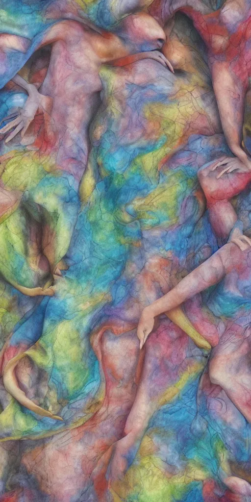 Prompt: the end of an organism, beautiful human bodies in a loving embrace, cloth simulation, abstract fabrics,