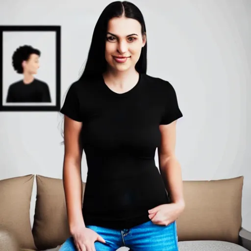 Prompt: clear photorealistic mockup product photograph of a blank black tshirt on an attractive female model in front of a living room background - h 7 0 4