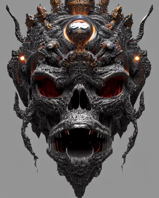 Image similar to 3 d ornate carved dark cosmic king with profile portrait, sigma 5 0 0 mm f / 5. beautiful intricate highly detailed quetzalcoatl skull. bioluminescent, plasma, lava, ice, water, wind, creature, thunderstorm! artwork by tooth wu and wlop and beeple and greg rutkowski, 8 k trending on artstation