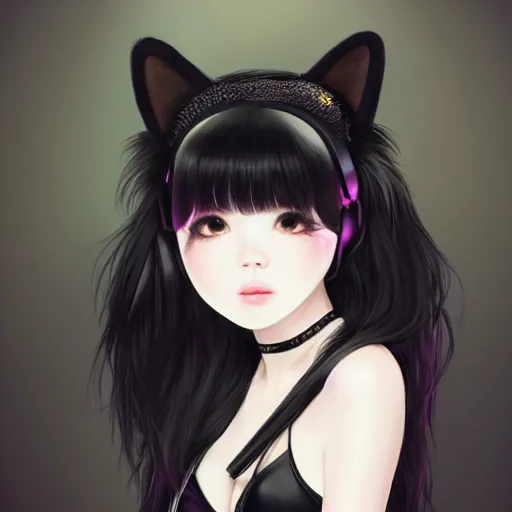 Image similar to realistic beautiful gorgeous buxom natural cute Blackpink Lalisa Manoban black hair cute fur black cat ears, wearing white camisole, headphones, black leather choker artwork drawn full HD 4K highest quality in artstyle by professional artists WLOP, Taejune Kim, Guweiz on Pixiv Artstation