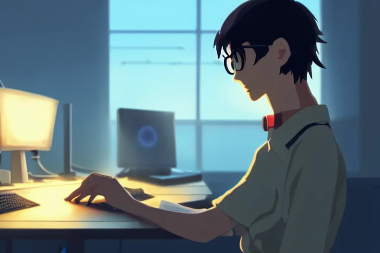 Image similar to a nerdy boy is programming at a computer in a room full of gadgets, by makoto shinkai and ghibli studio, dramatic lighting, highly detailed, incredible quality, trending on artstation