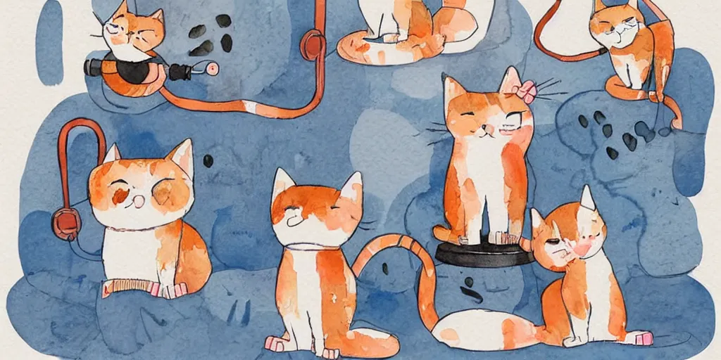 Image similar to watercolor illustration style, cute! cats! training in the fitness studio!